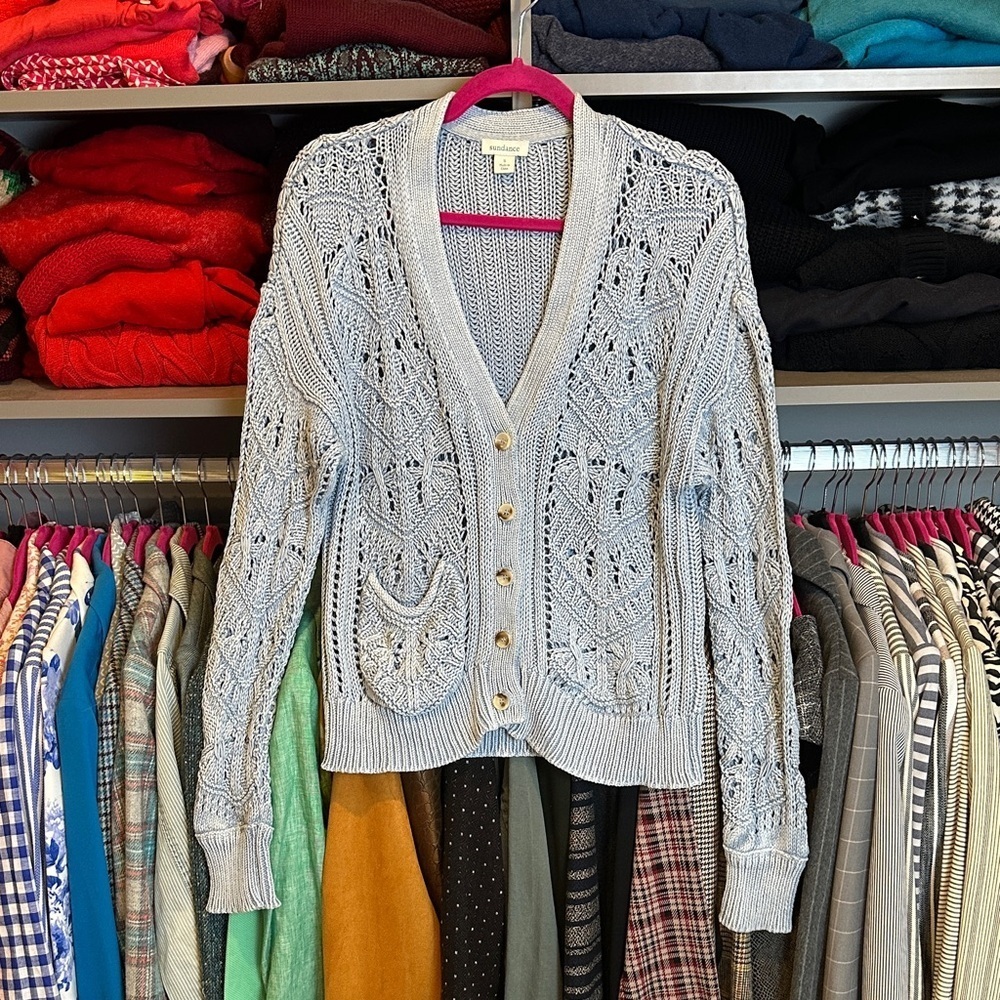 Sundance blue long sleeve v neck front button closure open knit cardigan size S